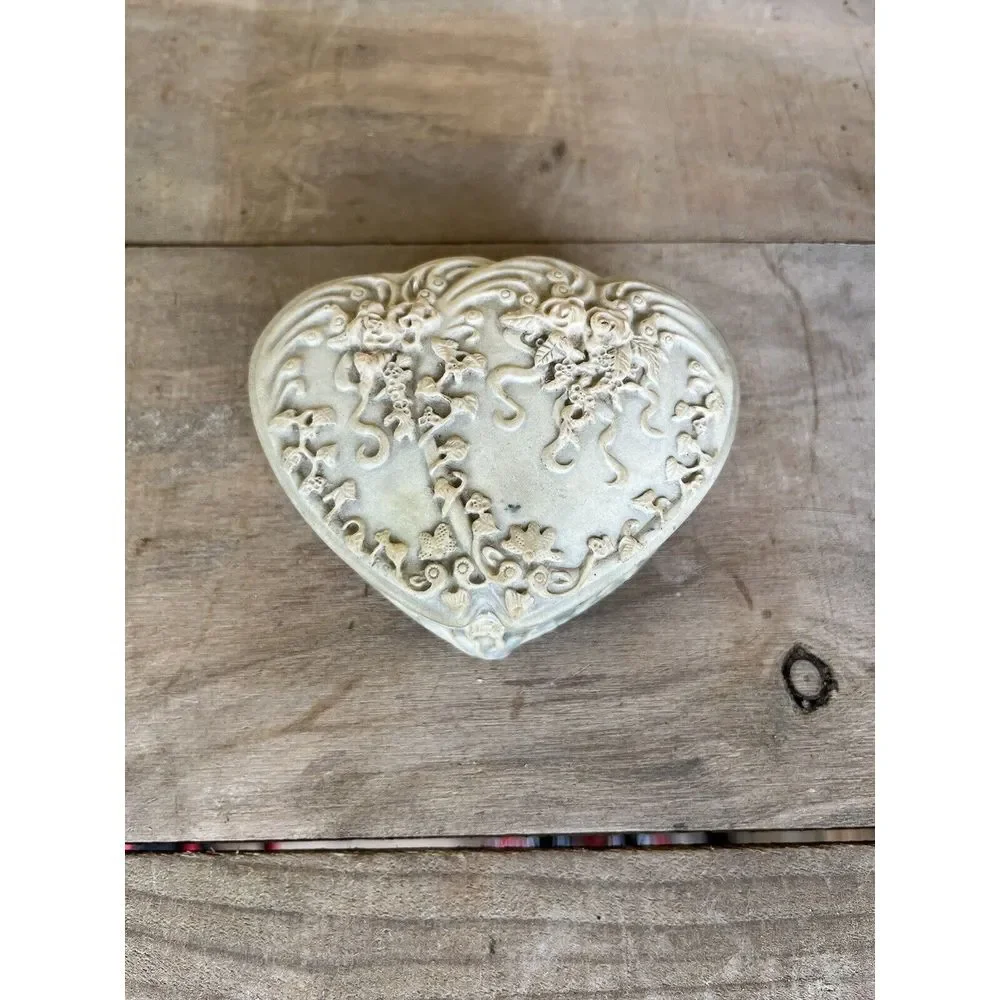 Vintage Genuine Incolay Blue Green Stone Heart Shape /Roses  Jewelry Trinket Box